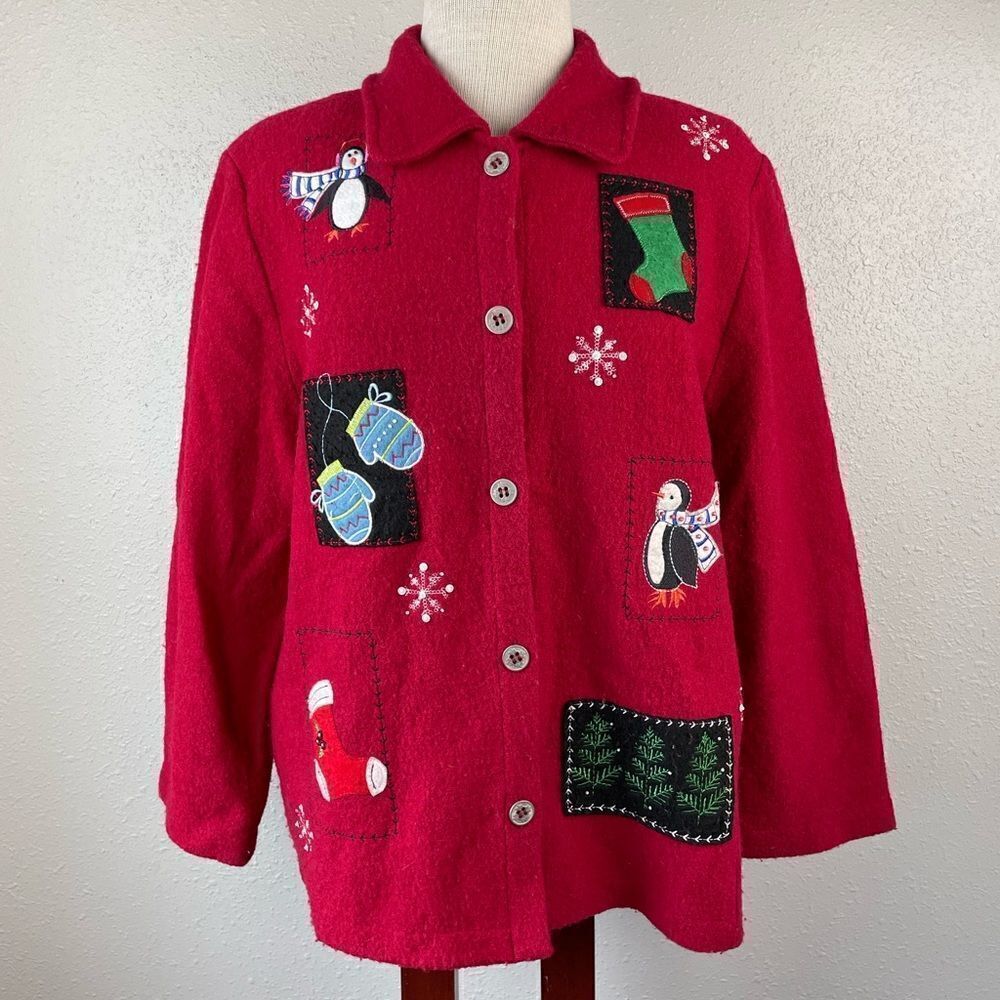 Alfred DunnerΒ Red Wool Holiday Button DownβJacketβSizeβSβEUC